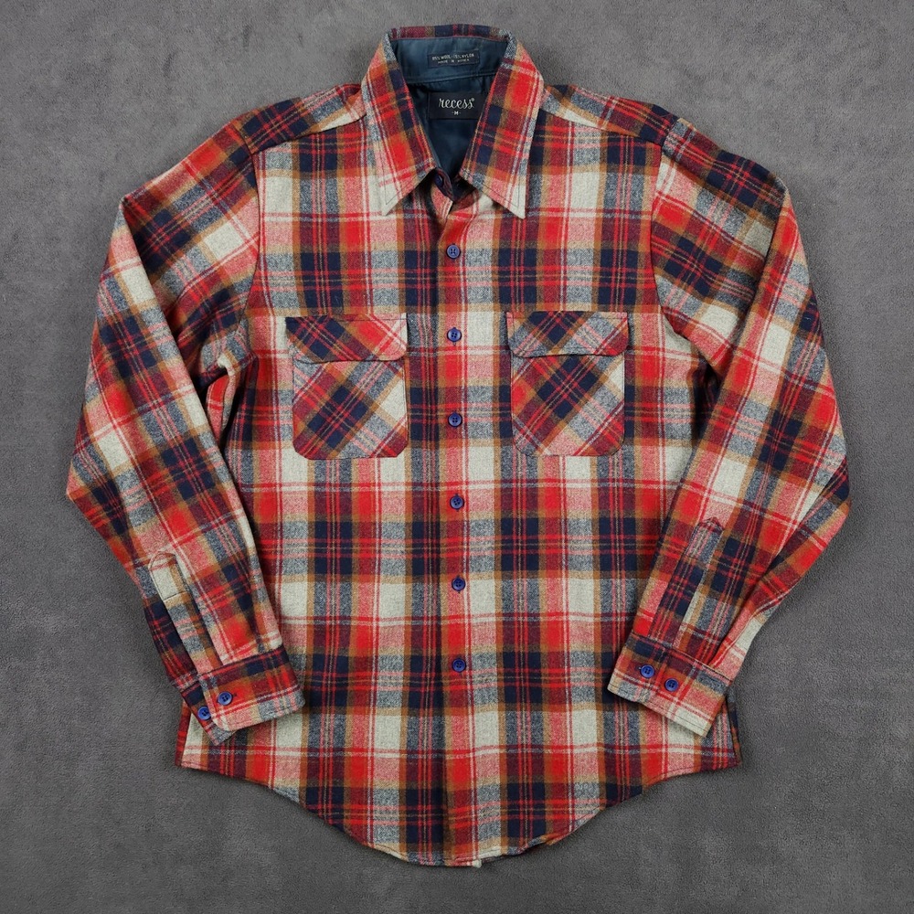 Vintage Recess Shirt Mens Medium Red Plaid Wool Blend Flannel Long Sleeve Button